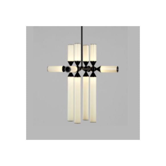 Cylinder Hanging Chandelier Contemporary Metal 9/12/18 Lights Black Pendant Lamp with White/Chrome/Amber Glass Shade