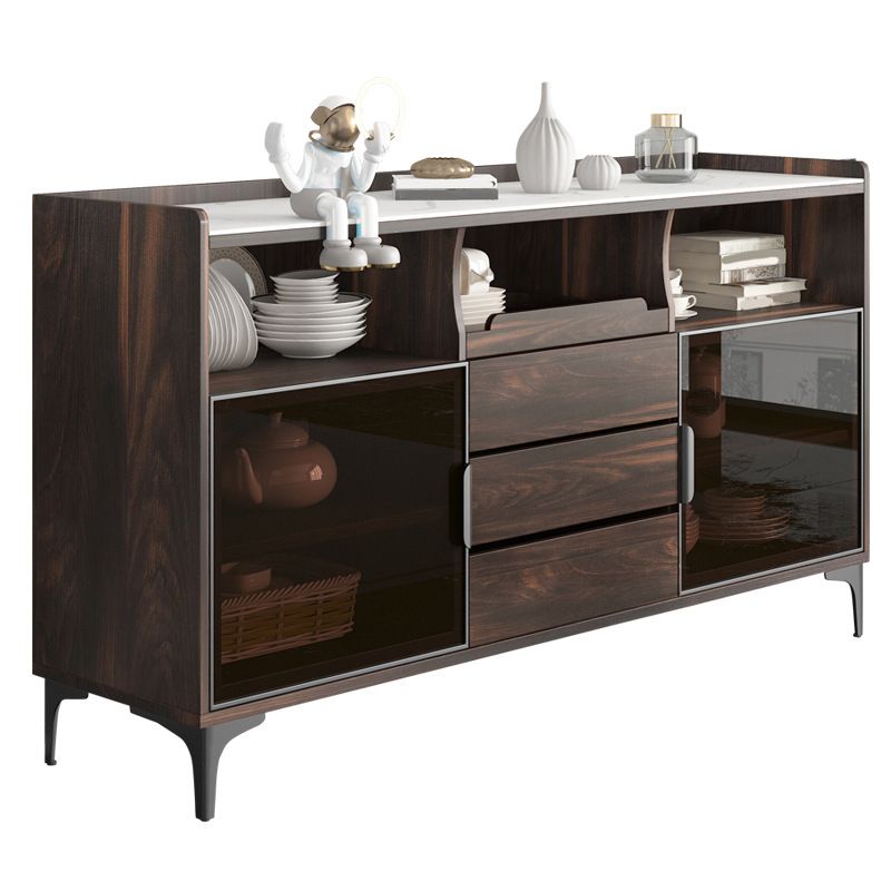 Modern Walnut Dining Hutch 3 Drawers Brown Hutch Cabinet for Dining Room