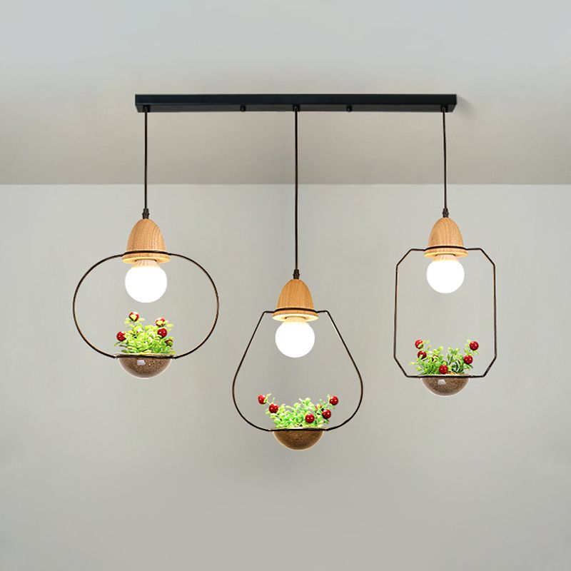 Metal Black Plant Drop Lamp Geometric 3 Heads Industrial LED Cluster Pendant Light for Dining Room