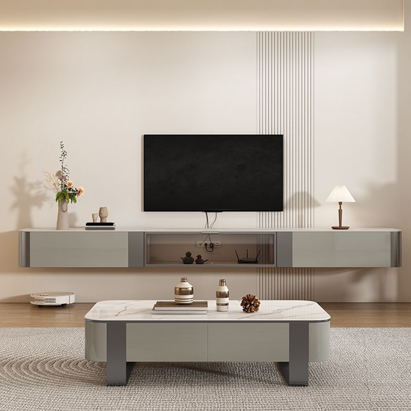 Contemporary Floating Media Console Stone Stand Console with Doors for Living Room