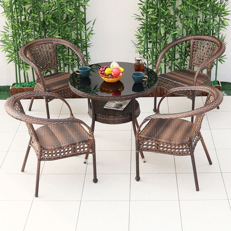 Tropical Brown Armed Chairs with Faux Rattan Open Back in Metel