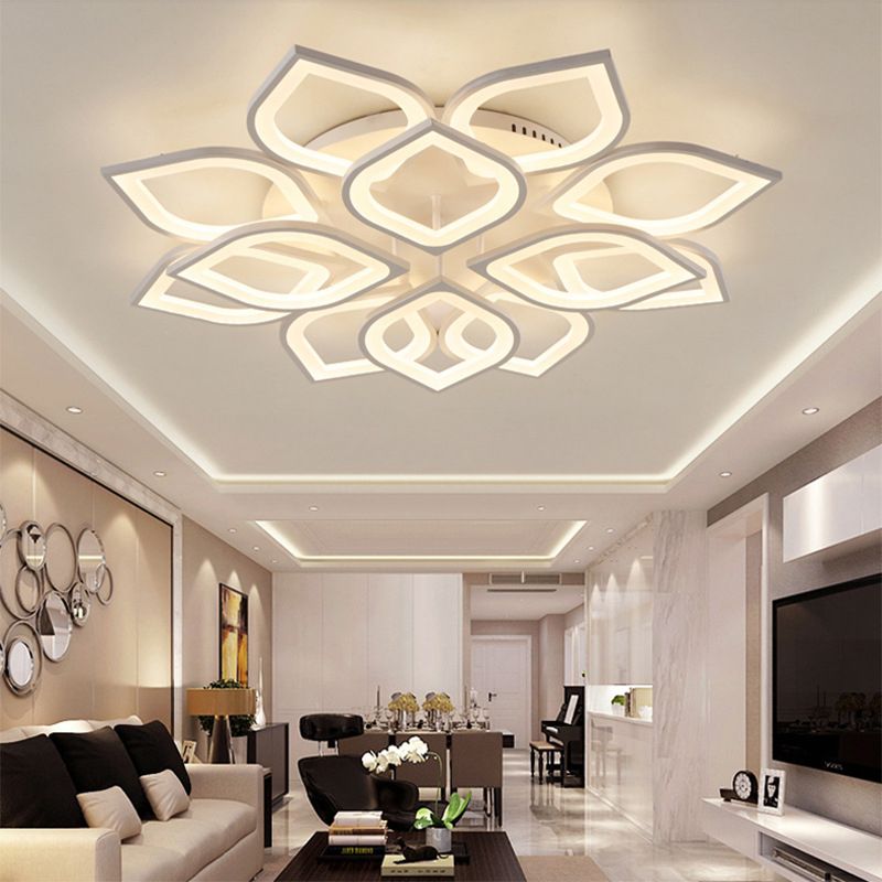 White Floriated LED Semi Flush Mount in Modern Simplicity Metal Ceiling Light with Acrylic Shade