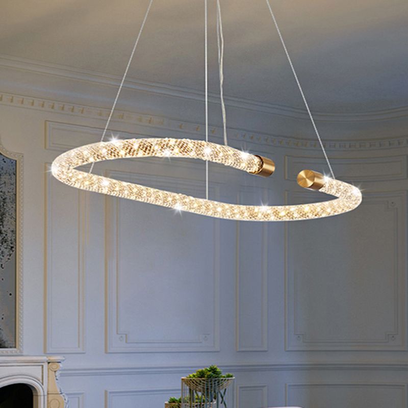 31.5" Wide LED Kitchen Hanging Pendant Golden Ceiling Chandelier with Rope Crystal Shade