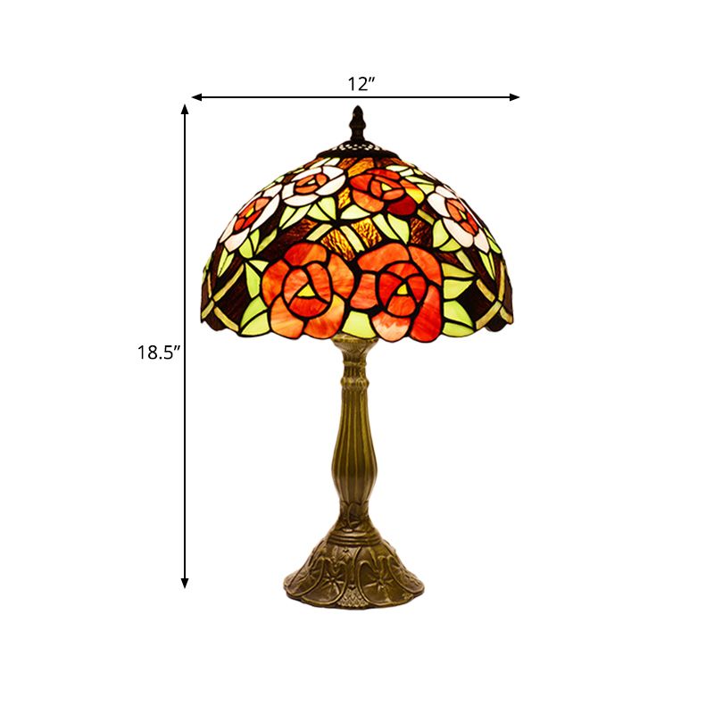 Victorian Style Flower Table Lamp 1 Head Red/Orange Stained Glass Nightstand Light for Bedroom