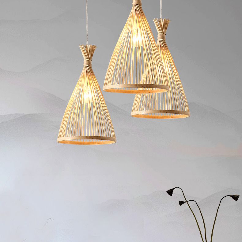 Chinese Cone Pendant Lighting Fixtures Bamboo Hanging Light with Hanging Cord for Restaurant