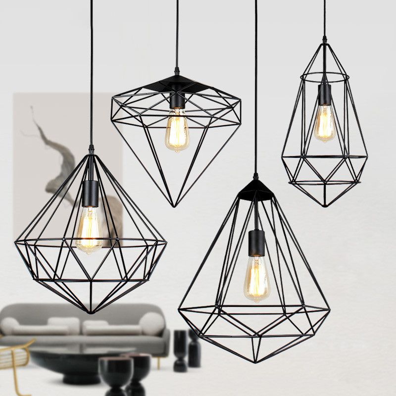 Diamantkooi Iron Hanging Lamp Vintage Single-Bulb eetkamer hangend licht in zwart