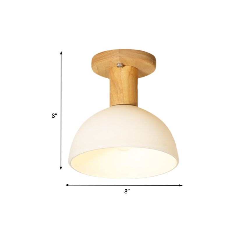 Wood Dome Semi Flush Mounted Light Simple 1 Bulb White Glass Ceiling Lamp Fixture for Corridor