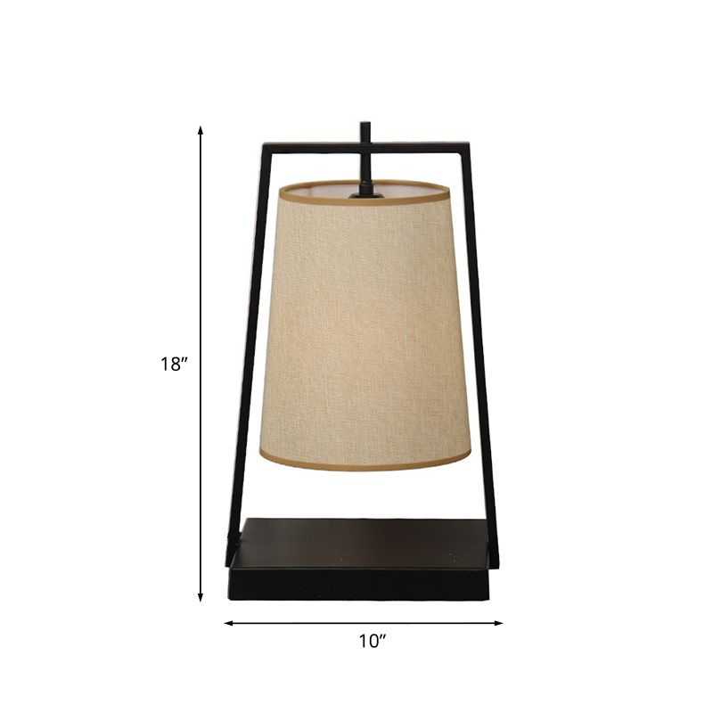 1-Light Tapered Bucket Night Light Country Black Finish Fabric Nightstand Lamp with Trapezoid Frame