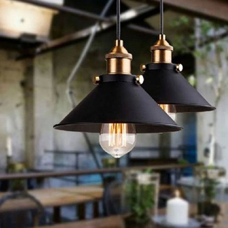 Industrial Wrought Iron Hanging Light Conical Metal Shade Single Bulb Pendant in Black for Barn Farmhouse Porch