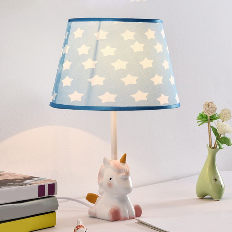 Fabric Cone Reading Lamp Cartoon 1 Light White/Pink/Blue Table Light with Rainbow Unicorn Base