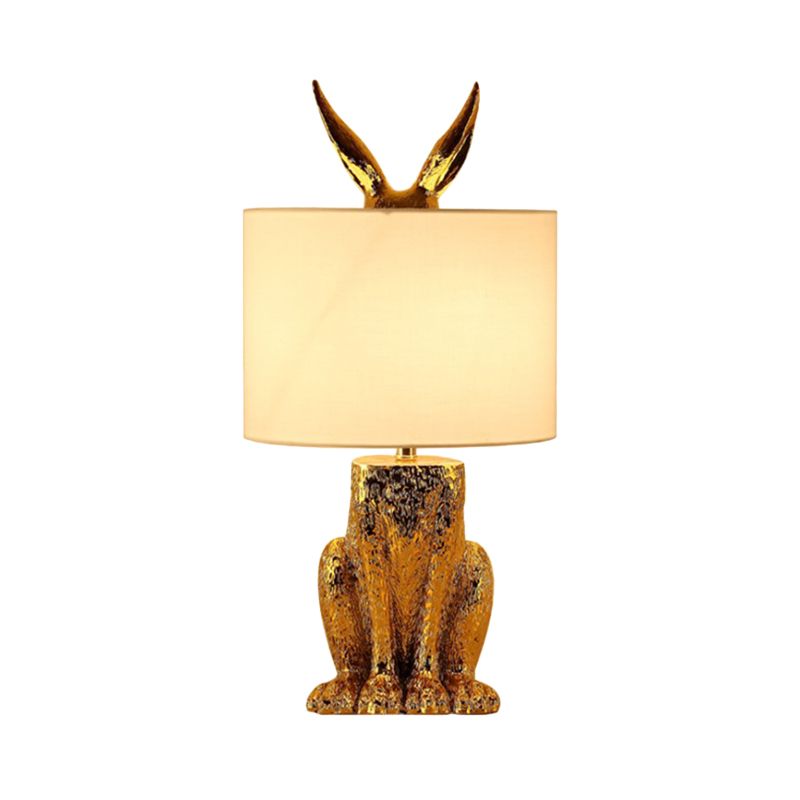 Gold Finish Rabbit Table Lighting Contemporary 1-Head Metal Night Lamp with Drum Fabric Shade