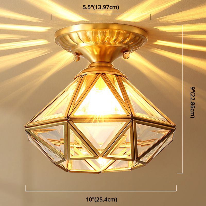 Full Brass European Style Ceiling Light with Glass Shade 1 Light Polyhedron Flush-mount Light for Bedroom