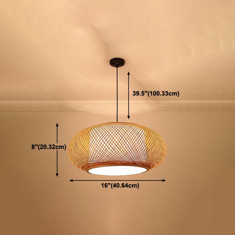 Drum Beige Down Pendant Chinese Bamboo Hanging Ceiling Light with 1 Light