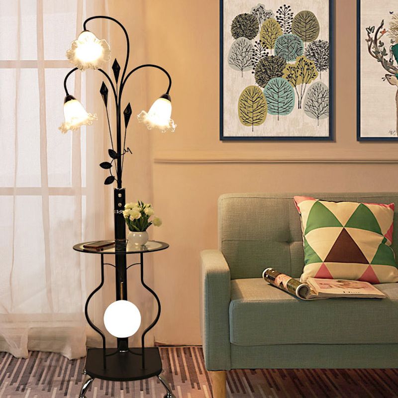 Black/White 3-Bulb Floor Light Countryside Metal Curved Arm Standing Lamp with Floral Glass Shade