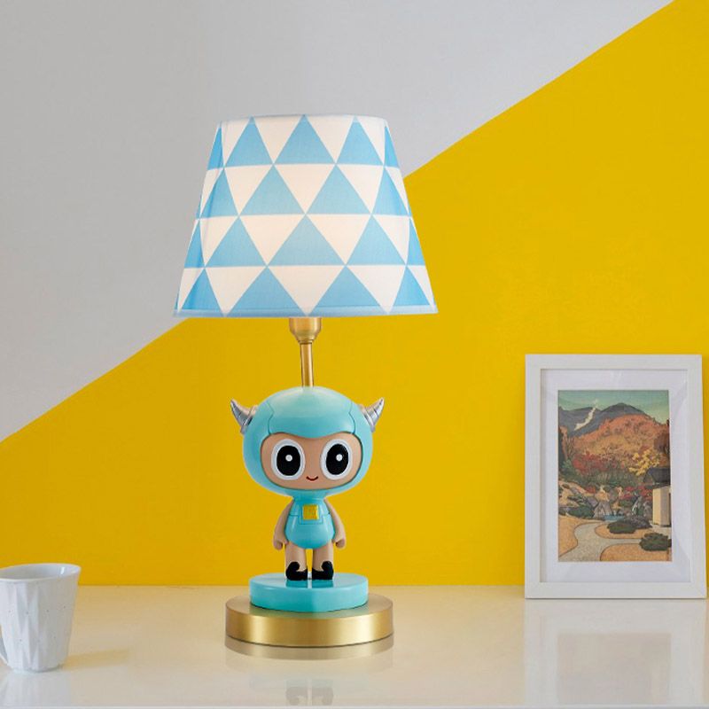 Cartoon Cow Boy Resin Night Lamp 1-Light Table Lighting with Triangle Print Shade in Pink/Blue