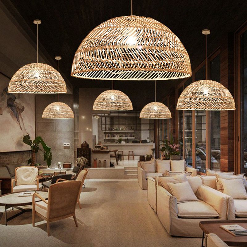 Half-Sphere Pendant Lighting Modern Bamboo Fiber 1-Light Dining Room Suspension Light