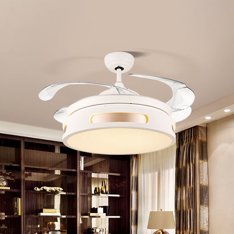 16" Wide Acrylic Drum Semi Flush Light Fixture Modernist LED White Ceiling Fan Lamp with 4 Blades