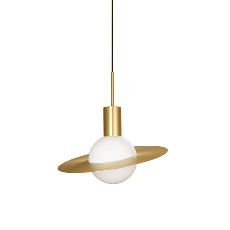 Gold Planetoid Hanging Light Kit Postmodern Single Opaline Glass Ceiling Pendant over Table