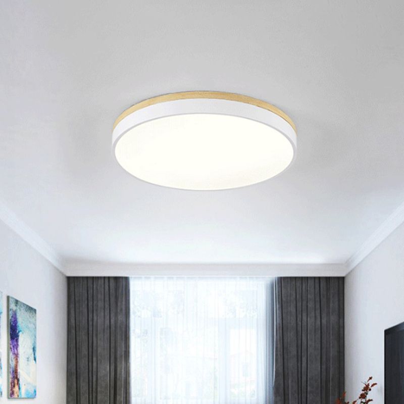 White Round Ceiling Light Fixture Minimalism LED Acrylic Flushmount with Wood Canopy, 12"/16"/19.5" W