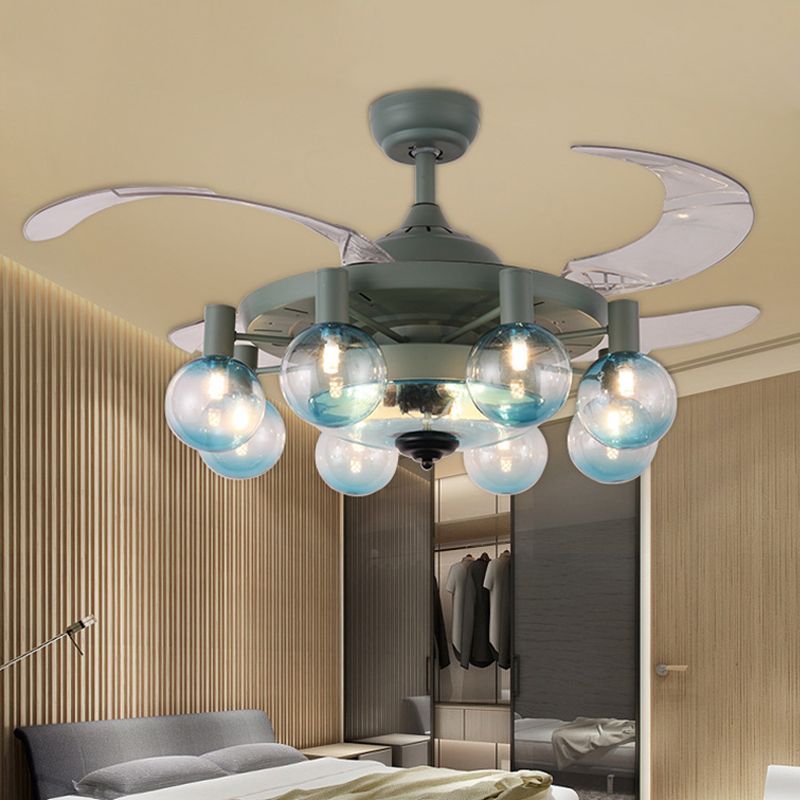 42" W 8-Light Fan Lamp Simplicity Bedroom 4 Blades Semi Flush Light Fixture with Globe Clear Glass Shade in Dark Green, Remote Control/Remote and Wall Control/Frequency Conversion and Remote Control