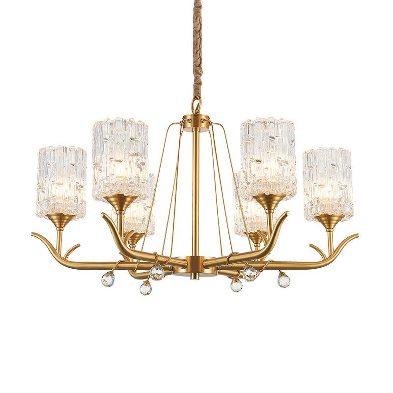 3/6/8-Light Hand-Blown Textured Glass Chandelier Postmodern Brass Cylinder Dining Room Hanging Ceiling Light