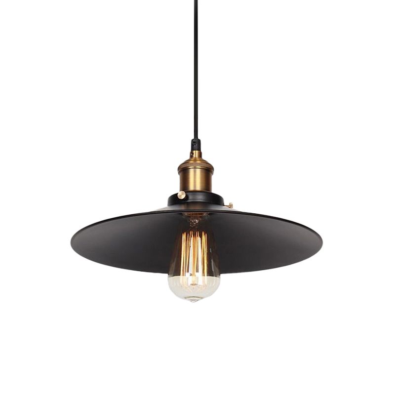 Factory Flying Saucer Ceiling Pendant 8.5"/12" Wide Single-Bulb Metal Hanging Lamp in Black