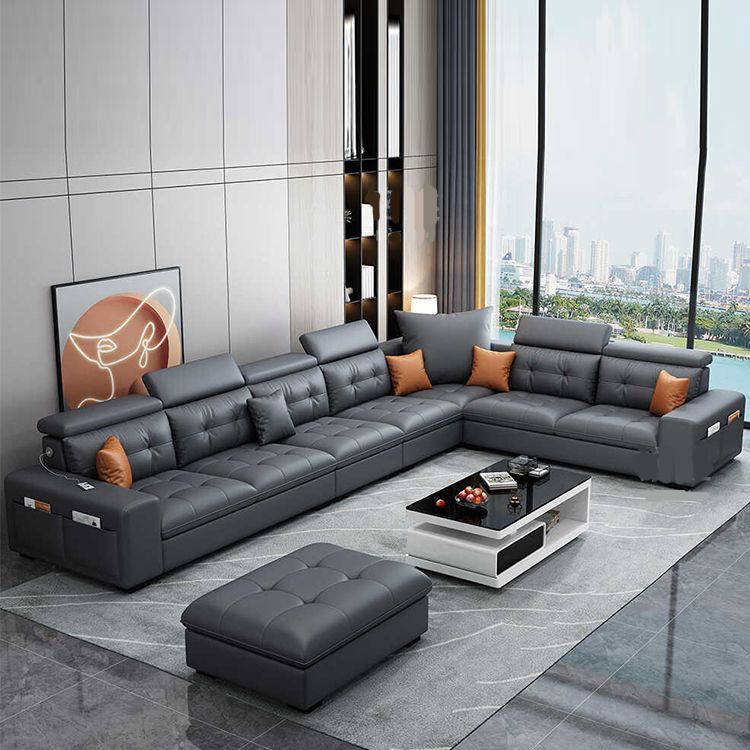 Modern Tufted Sofa & Chaise Recessed Arm Grey Faux Leather Sofa with Storage