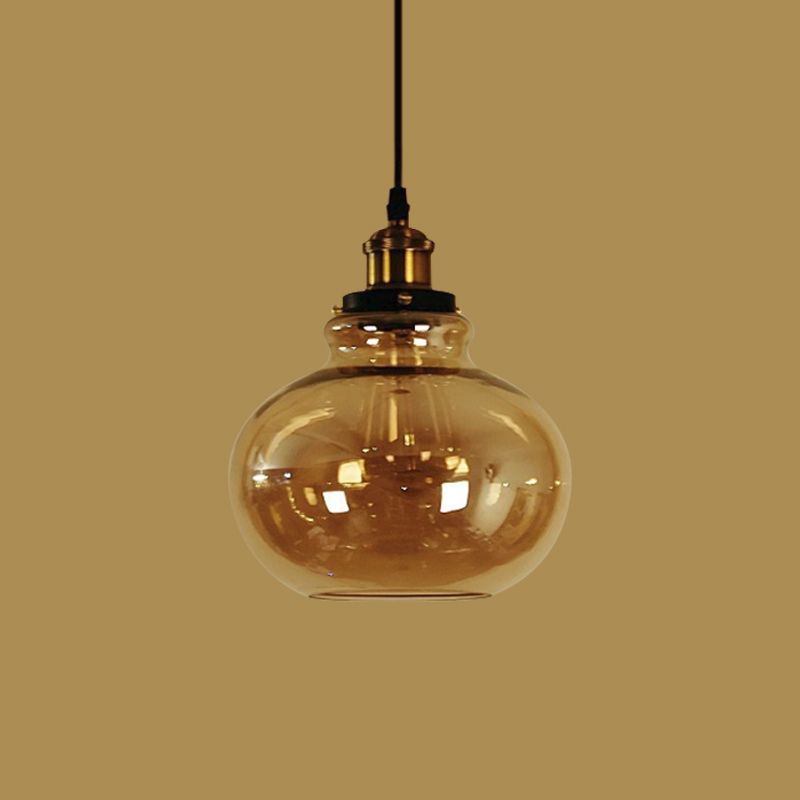 1 Light Globe Pendant Ceiling Light Farmhouse Brass Amber Glass Hanging Lamp for Indoor