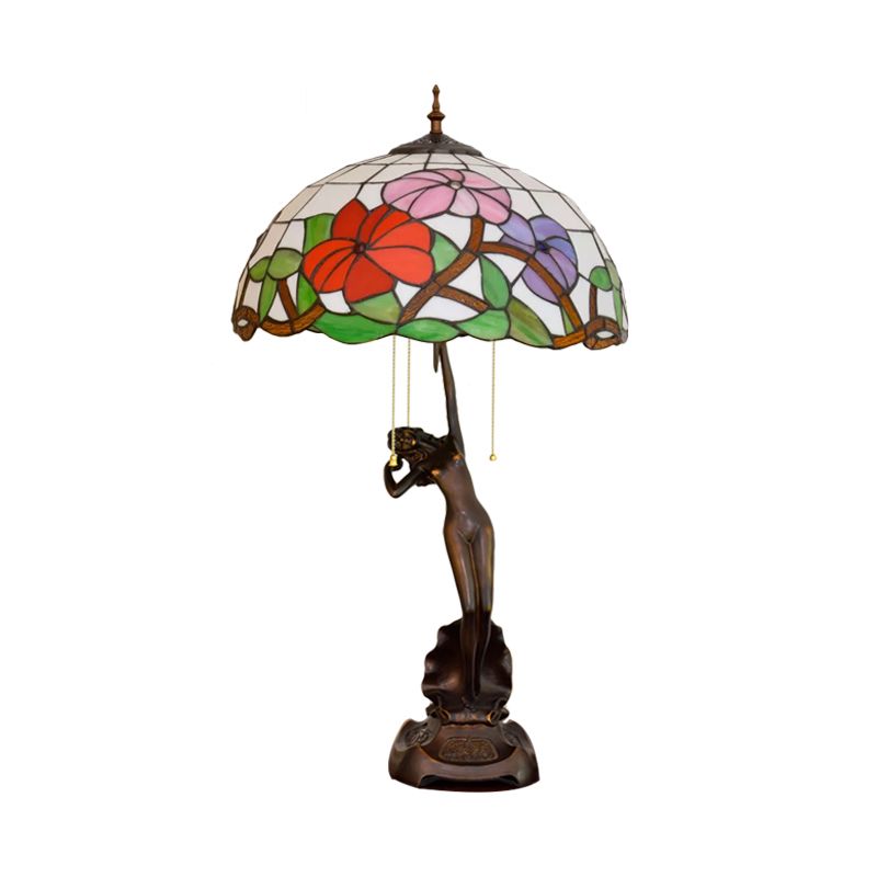 Flowering Stained Glass Table Lamp Tiffany-Style 3 Heads Red/Orange Pull-Chain Night Stand Light with Women Sculpture