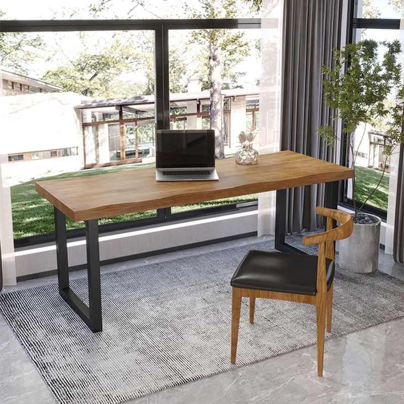 Rectangular Shaped Office Writing Desk Pine with 2 Legs in Brown