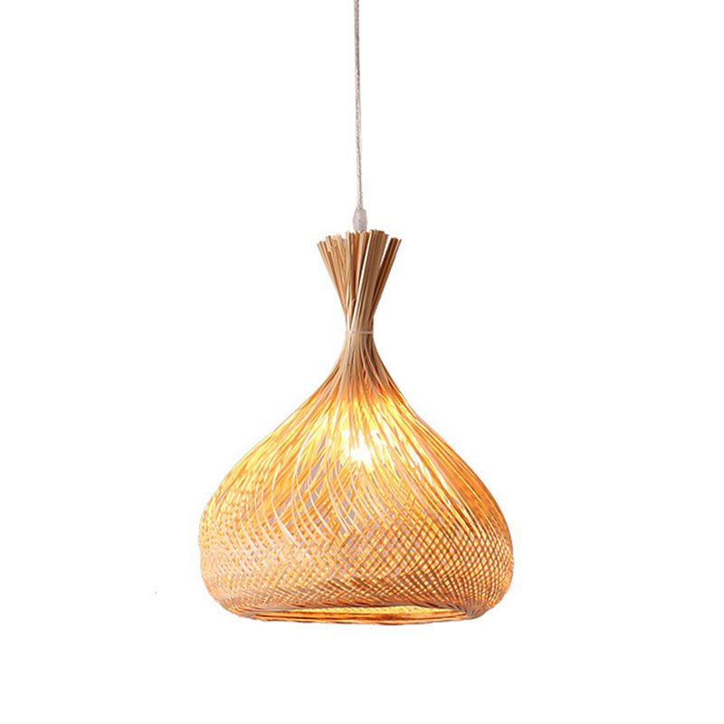 Wood Hand-Braided Pendant Lamp Chinese Style 1 Head Bamboo Ceiling Hanging Lantern