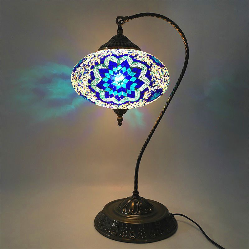 Decorative Oblong Night Light Single Head Stained Art Glass Table Lamp with Curved Arm in Yellow/Blue/Green