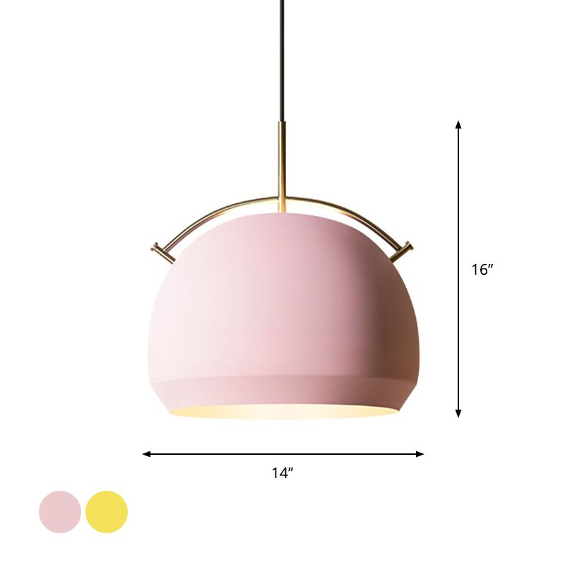 Aluminum Dome/Bell Drop Lamp Macaron 1 Bulb Hanging Pendant Light in Yellow/Pink/Blue with Curved Handle