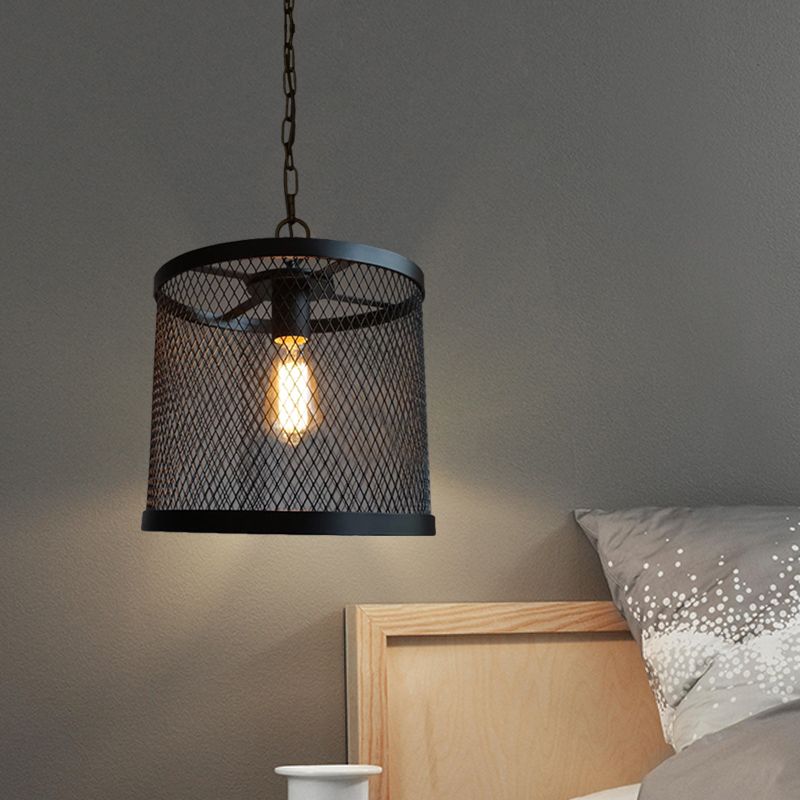 Drum Mesh Metal Pendant Light Industrial Single Light Dining Room Hanging Lamp in Black