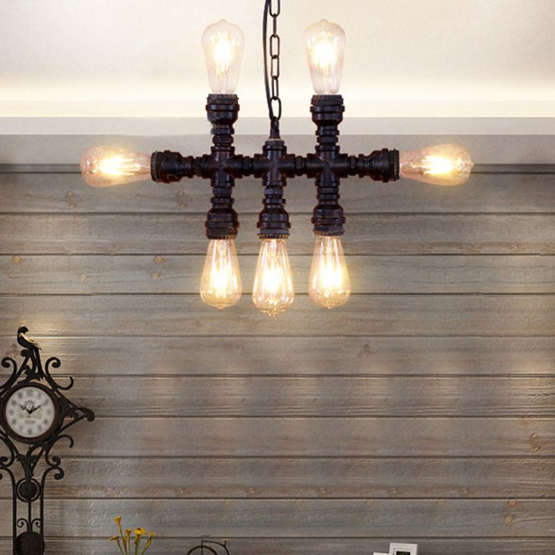 Black 7-Head Chandelier Light Industrial-Style Wrought Iron Plumbing Pipe Pendant Light Fixture