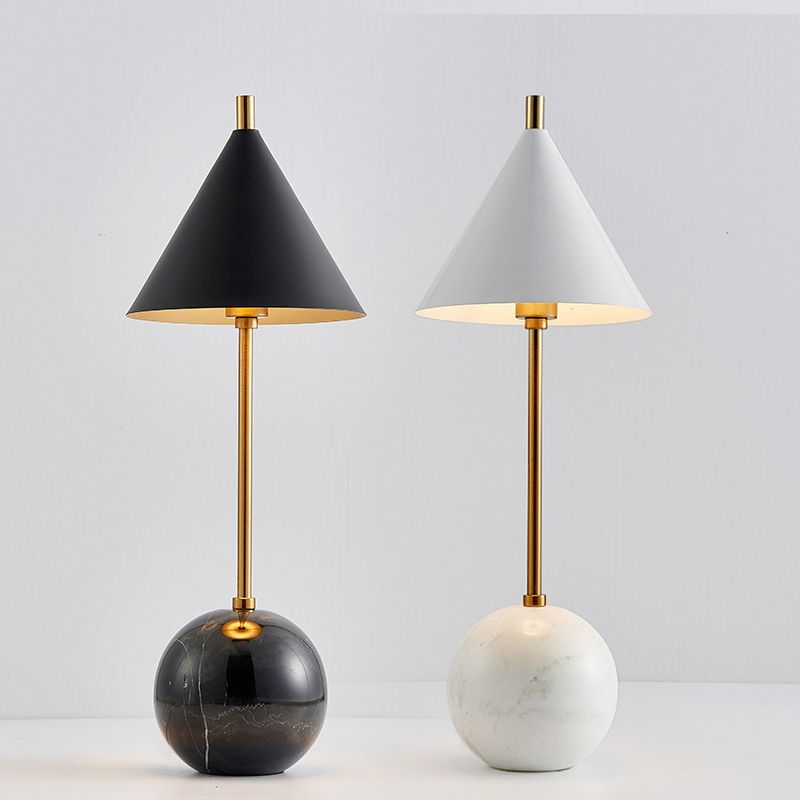 Globe Nightstand Light Nordic Marble 1-Light Black/White and Brass Table Lamp with Cone Shade