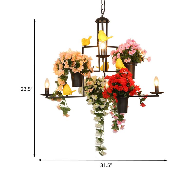 Iron Candle Chandelier Lighting Industrial 7 Bulbs Restaurant Pendant in Black with Potted Plant and Bird Design