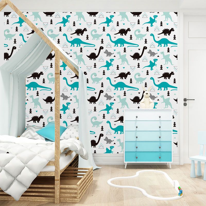 Illustration Cartoon Dinosaur Wallpaper for Children's Bedroom in Blue and Black, Self-Adhesive, 29.1 sq ft.