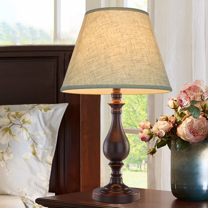 Brown 1-Bulb Night Lamp Farmhouse Fabric Conical Shape Reading Book Lighting for Bedside