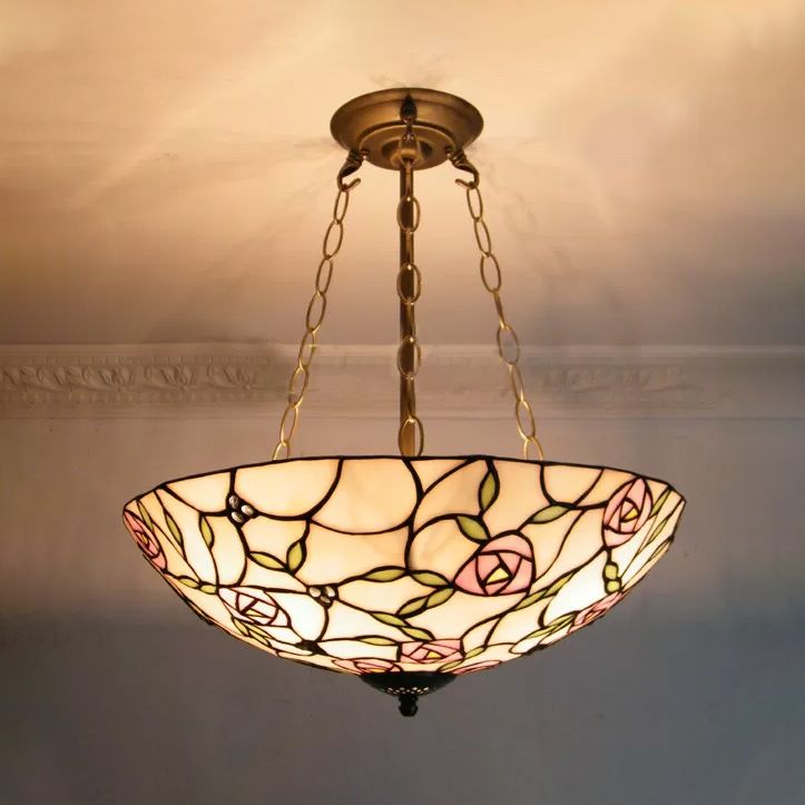 Tiffany Ceiling Lights LED, 3-Light Stained Glass Domed Semi Flush Light in Aged Brass with Chain and Rose Pattern