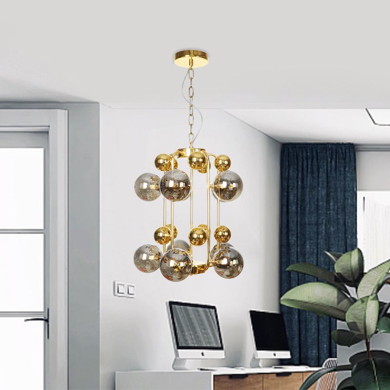 Postmodern 8 Bulbs Chandelier Lamp Brass Molecular Pendant Light Fixture with Smoke Grey Glass Shade