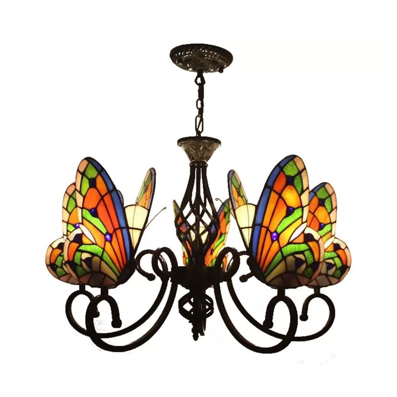 Chandeliers Tiffany pour salle à manger, luminaire pendentif papillon avec une teinte en vitrail