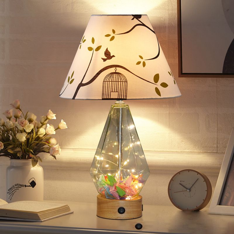 Clear Glass Urn/Diamond Night Lamp Contemporary 1-Bulb Bedroom Table Light with Cone Printing Fabric Shade