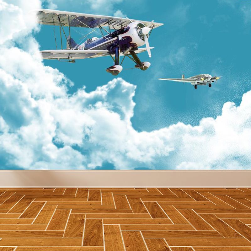 Non-Woven Waterproof Mural Cartoon Biplane and Cloud Wall Decor for Kids Bedroom