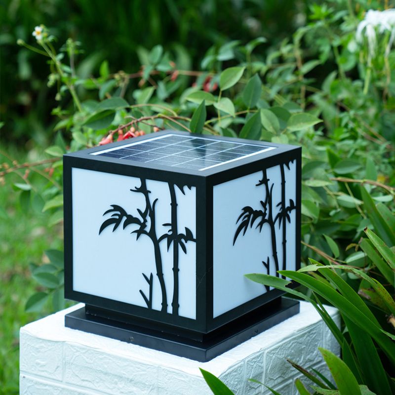 Square Shape Metal Pillar Lamp Modern Style 1 Light Solar Outdoor Light in Black