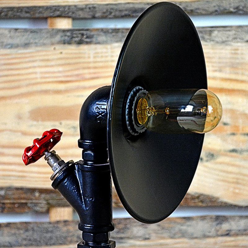 Industrial Flared Shade Night Lamp 1-Bulb Iron Table Light in Black with Decorative Red Valve