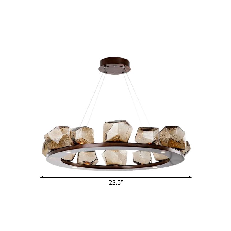 Gem Chandelier Pendant Modernist Amber Glass Multi Lights Brown Led Hanging Light with Ring Design