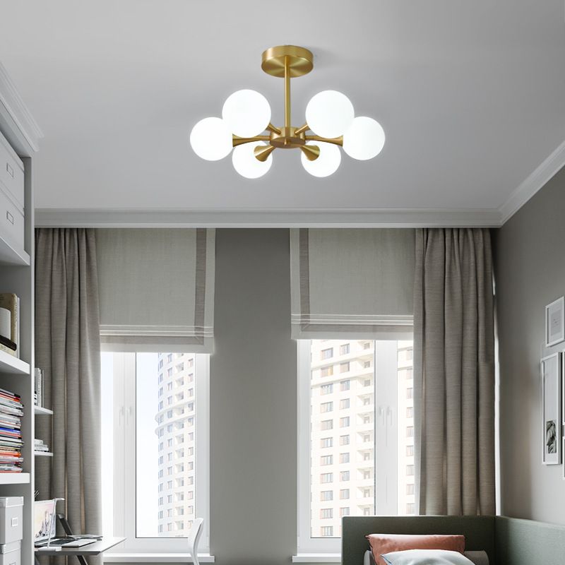 Global Semi Flush Ceiling Light Minimalist Opal Glass Bedroom Flush Light in Brass