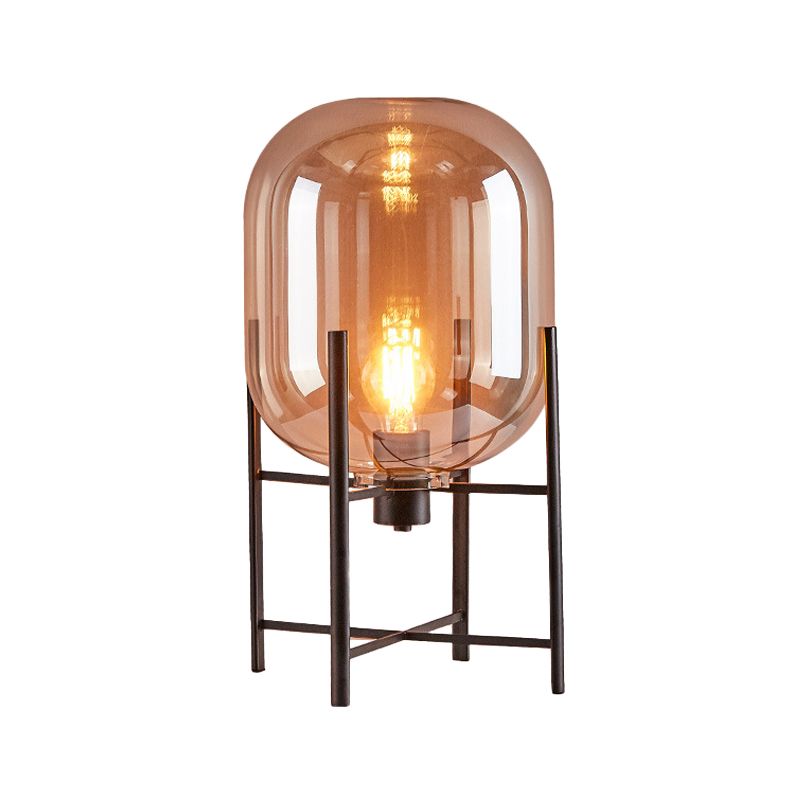 Oval Night Lighting Modern Smoke Gray/Cognac Glass Shade 1-Light Restaurant Nightstand Lamp with Vertical Metal Base