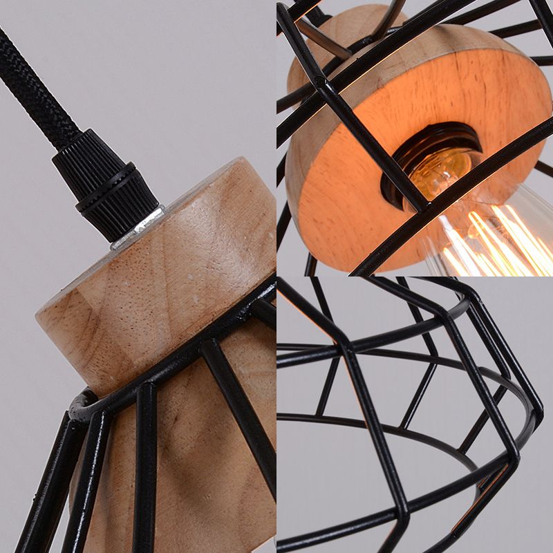 1 Light Light Light Light moderne Metal Cage Metal suspendu avec bonnet en bois en noir pour salle à manger